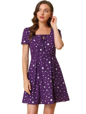 Allegra K Women's Print Casual Square Neck Short Sleeve Mini A-Line Dress 13 Allegra K Women's Print Casual Square Neck Short Sleeve Mini A-Line Dress - Image 11