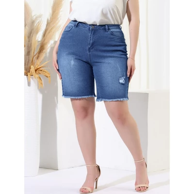 Agnes Orinda Women's Plus Size Denim Shorts Mid Rise Ripped Frayed Bermuda Jean Shorts 5 Agnes Orinda Women's Plus Size Denim Shorts Mid Rise Ripped Frayed Bermuda Jean Shorts - Image 3