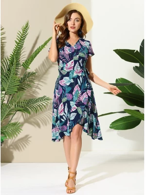 Allegra K Women's Tie Waist Beach Tropical Floral Printed Midi Wrap Dress 5 Allegra K Women's Tie Waist Beach Tropical Floral Printed Midi Wrap Dress - Image 3