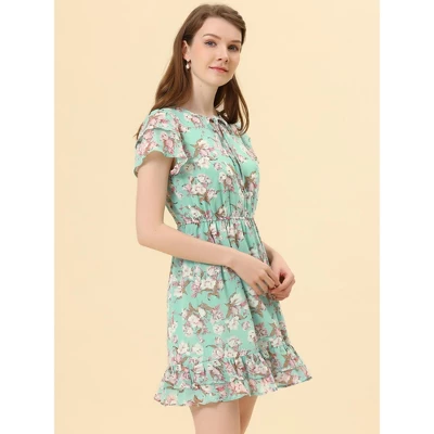 Allegra K Women's Ruffle Sleeve Self-Tie V Neck Above Knee Ruffled A-Line Floral Chiffon Dress 4 Allegra K Women's Ruffle Sleeve Self-Tie V Neck Above Knee Ruffled A-Line Floral Chiffon Dress - Image 2