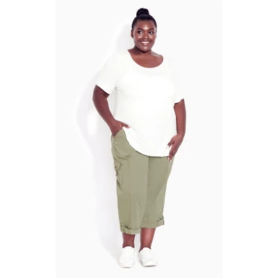 Women's Plus Size Cotton Roll Up Capri - Khaki | AVENUE 5 Women's Plus Size Cotton Roll Up Capri - Khaki | AVENUE - Image 3