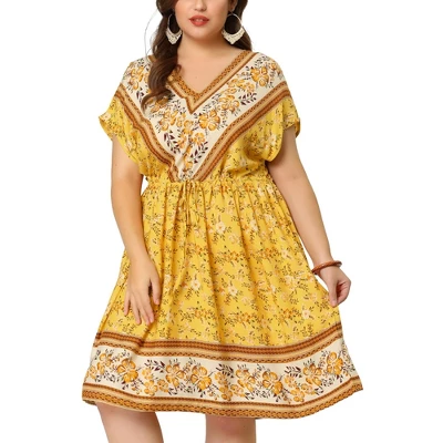 Agnes Orinda Women's Plus Boho Floral Pattern V Neck Drop Shoulder Drawstring Waist Dresses 8 Agnes Orinda Women's Plus Boho Floral Pattern V Neck Drop Shoulder Drawstring Waist Dresses - Image 6