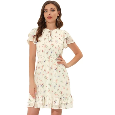 Allegra K Women's Ruffle Sleeve Self-Tie V Neck Above Knee Ruffled A-Line Floral Chiffon Dress 13 Allegra K Women's Ruffle Sleeve Self-Tie V Neck Above Knee Ruffled A-Line Floral Chiffon Dress - Image 11