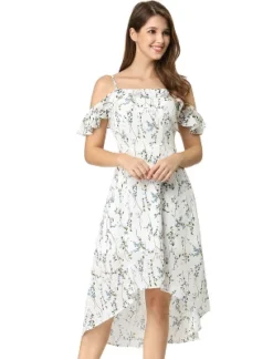 Allegra K Women's Spaghatti Straps Ruffled Sleeves Asymmetrical High Low Floral A-Line Midi Dress -Modish Ink Sales GUEST 1ccca238 b785 4c53 b0ca d44cab37f6bc