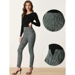 Allegra K Tweed Pants For Women's High Waist Casual Plaid Tartan Leggings Long Trousers