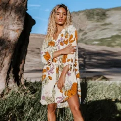 Women's Long Sleeve Floral Buttoned Shirt Dress- Cupshe -Orange/White