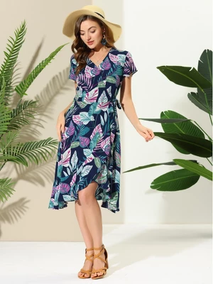 Allegra K Women's Tie Waist Beach Tropical Floral Printed Midi Wrap Dress 4 Allegra K Women's Tie Waist Beach Tropical Floral Printed Midi Wrap Dress - Image 2