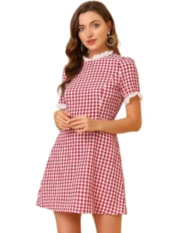 Allegra K Women's Summer Ruffle Neck Lace Panel Short Sleeve Check Gingham Dress -Modish Ink Sales GUEST 2e851c11 7b37 4c47 829d adc6a15239ce