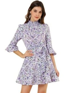 Allegra K Women's Floral 3/4 Bell Sleeve Smocked Belted Flare Ruffle Dress -Modish Ink Sales GUEST 2fbcd86f c5d5 4799 a853 0ff9f710c296