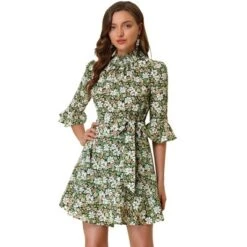 Allegra K Women's Floral 3/4 Bell Sleeve Smocked Belted Flare Ruffle Dress -Modish Ink Sales GUEST 31763ec9 9fdd 41cb 9adc 7bb026773711