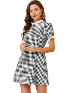Allegra K Women's Summer Ruffle Neck Lace Panel Short Sleeve Check Gingham Dress -Modish Ink Sales GUEST 474e48c5 74b9 4dea 92d7 a3e70ef63ac2