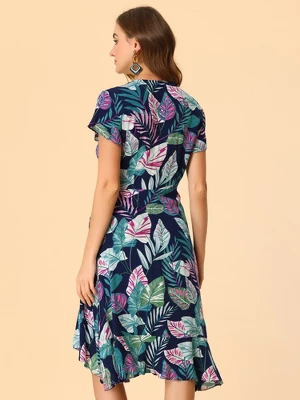 Allegra K Women's Tie Waist Beach Tropical Floral Printed Midi Wrap Dress 6 Allegra K Women's Tie Waist Beach Tropical Floral Printed Midi Wrap Dress - Image 4