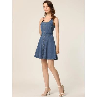 Allegra K Women's Sleeveless Square Neck Button Down Flared Casual Mini Denim Dress 4 Allegra K Women's Sleeveless Square Neck Button Down Flared Casual Mini Denim Dress - Image 2