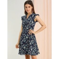 Allegra K Women's V-Neck Ruffle Cap Sleeve A-Line Floral Chiffon Dress