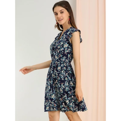 Allegra K Women's V-Neck Ruffle Cap Sleeve A-Line Floral Chiffon Dress 5 Allegra K Women's V-Neck Ruffle Cap Sleeve A-Line Floral Chiffon Dress - Image 3