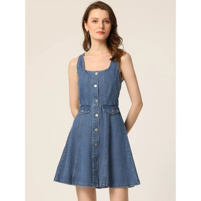Allegra K Women's Sleeveless Square Neck Button Down Flared Casual Mini Denim Dress 3 Allegra K Women's Sleeveless Square Neck Button Down Flared Casual Mini Denim Dress
