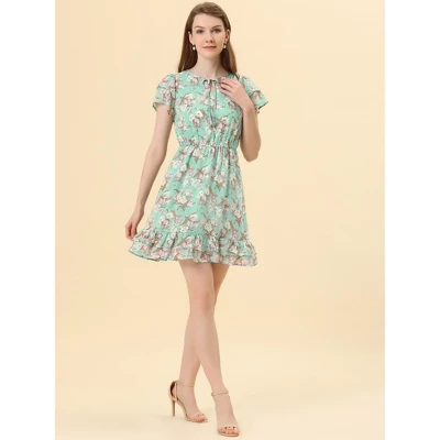 Allegra K Women's Ruffle Sleeve Self-Tie V Neck Above Knee Ruffled A-Line Floral Chiffon Dress 3 Allegra K Women's Ruffle Sleeve Self-Tie V Neck Above Knee Ruffled A-Line Floral Chiffon Dress
