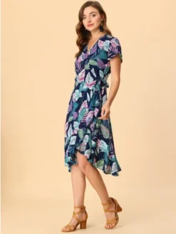 Allegra K Women's Tie Waist Beach Tropical Floral Printed Midi Wrap Dress