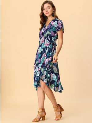 Allegra K Women's Tie Waist Beach Tropical Floral Printed Midi Wrap Dress 3 Allegra K Women's Tie Waist Beach Tropical Floral Printed Midi Wrap Dress