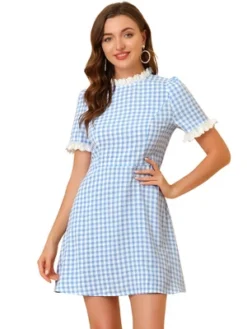 Allegra K Women's Summer Ruffle Neck Lace Panel Short Sleeve Check Gingham Dress -Modish Ink Sales GUEST 7b9d61ff f822 495b 9e69 2fb131edfcf4