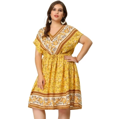 Agnes Orinda Women's Plus Boho Floral Pattern V Neck Drop Shoulder Drawstring Waist Dresses 5 Agnes Orinda Women's Plus Boho Floral Pattern V Neck Drop Shoulder Drawstring Waist Dresses - Image 3