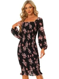 Allegra K Women's Floral Puff Sleeve Square Neck Ruffle Bodycon Mermaid Smocked Dress -Modish Ink Sales GUEST 87dcb449 9606 4aba 91cd f4310e616ee7