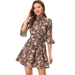 Allegra K Women's Floral 3/4 Bell Sleeve Smocked Belted Flare Ruffle Dress -Modish Ink Sales GUEST 888c1a2b 515d 4a37 a9a9 ef3c30eaed7e