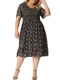 Agnes Orinda Women's Plus Size Outfits Smocked Elegant Floral Flare Midi Shirtdress -Modish Ink Sales GUEST 8d402413 40a9 49bd 8a9d a545d9107520