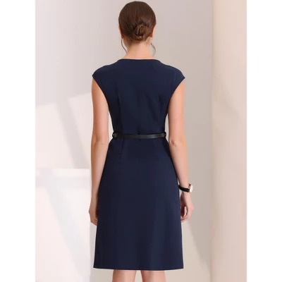 Allegra K Women's Elegant Business Round Neck Belted Cap Sleeve Work Sheath Dresses 4 Allegra K Women's Elegant Business Round Neck Belted Cap Sleeve Work Sheath Dresses - Image 2