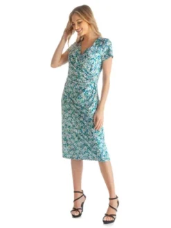 Womens Floral Pattern Short Sleeves Knee-Length Faux Wrap Dress