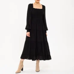 August Sky Women's Ruffle Neckline Smocked Long Sleeve Dress -Modish Ink Sales GUEST 9a35365a 8f17 4ccb 86a5 ac390147afde