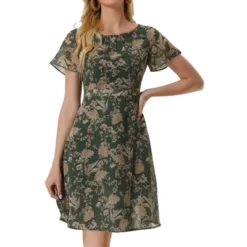 Allegra K Women's Floral Casual Pleated Neckline Below Knee Flutter Sleeve Dress -Modish Ink Sales GUEST a68f10e9 01bc 45c5 a350 be97589db619