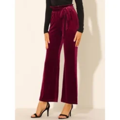 Allegra K Women's Velvet Tie Waist Stretchy Wide Leg Pants With Pockets