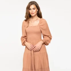 August Sky Women's Ruffle Neckline Smocked Long Sleeve Dress -Modish Ink Sales GUEST b06a12b6 689f 4b58 b224 837ed82f2eb3