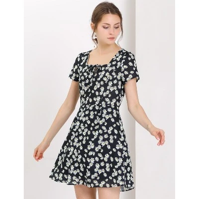 Allegra K Women's Print Casual Square Neck Short Sleeve Mini A-Line Dress 5 Allegra K Women's Print Casual Square Neck Short Sleeve Mini A-Line Dress - Image 3