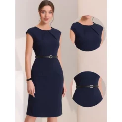 Allegra K Women's Elegant Business Round Neck Belted Cap Sleeve Work Sheath Dresses