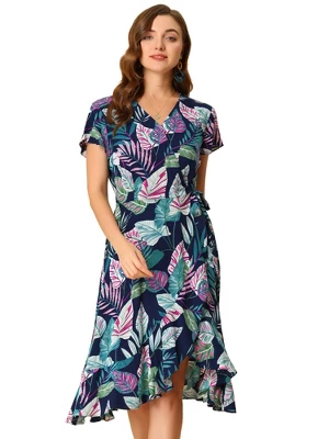 Allegra K Women's Tie Waist Beach Tropical Floral Printed Midi Wrap Dress 8 Allegra K Women's Tie Waist Beach Tropical Floral Printed Midi Wrap Dress - Image 6