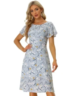 Allegra K Women's Floral Casual Pleated Neckline Below Knee Flutter Sleeve Dress -Modish Ink Sales GUEST ca5ceced 6782 4352 86f2 54fa7d57c252