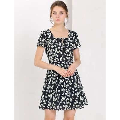 Allegra K Women's Print Casual Square Neck Short Sleeve Mini A-Line Dress 4 Allegra K Women's Print Casual Square Neck Short Sleeve Mini A-Line Dress - Image 2