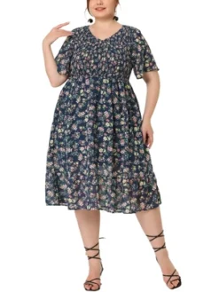 Agnes Orinda Women's Plus Size Outfits Smocked Elegant Floral Flare Midi Shirtdress -Modish Ink Sales GUEST d03e16ae fcac 42c7 b2fb fc5d85f08ea1