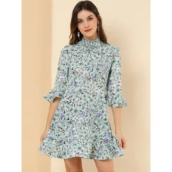 Allegra K Women's Floral 3/4 Bell Sleeve Smocked Belted Flare Ruffle Dress -Modish Ink Sales GUEST d3011c72 e2f3 4627 96a8 adb2c2f0506f