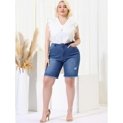 Agnes Orinda Women's Plus Size Denim Shorts Mid Rise Ripped Frayed Bermuda Jean Shorts 4 Agnes Orinda Women's Plus Size Denim Shorts Mid Rise Ripped Frayed Bermuda Jean Shorts - Image 2