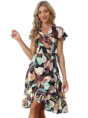 Allegra K Women's Tie Waist Beach Tropical Floral Printed Midi Wrap Dress 9 Allegra K Women's Tie Waist Beach Tropical Floral Printed Midi Wrap Dress - Image 7