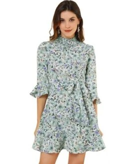 Allegra K Women's Floral 3/4 Bell Sleeve Smocked Belted Flare Ruffle Dress -Modish Ink Sales GUEST efbcd9c9 17a4 4713 a0ba c54453962ea8